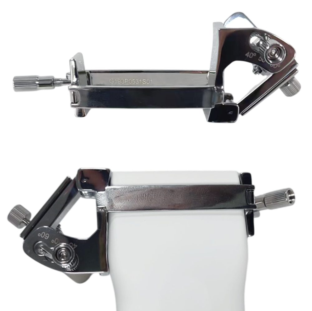 Reusable stainless-steel biopsy needle guide for a linear wireless ultrasound probe, shown with its mounting bracket